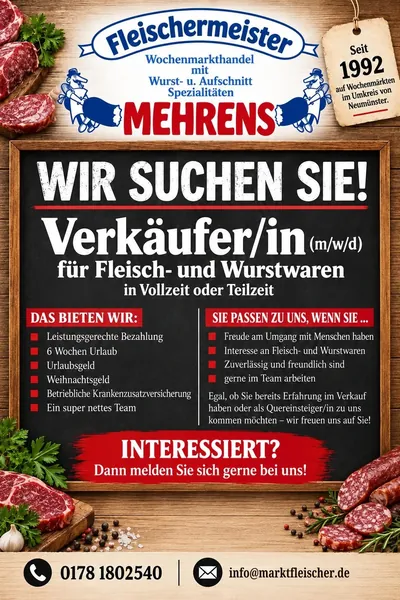 Stellenanzeige von Fleischermeister Stefan Mehrens: Wir suchen Verkäufer/in für Fleisch- und Wurstwaren in Vollzeit oder Teilzeit