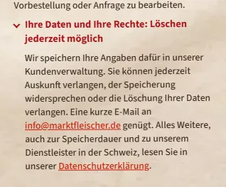 Fleischermeister Mehrens, digitaler Effekt: Formulare: Datenschutz zum Aufklappen