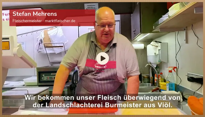 Fleischermeister Mehrens, digitaler Effekt: Startseite: Kurzvideo mit Untertiteln